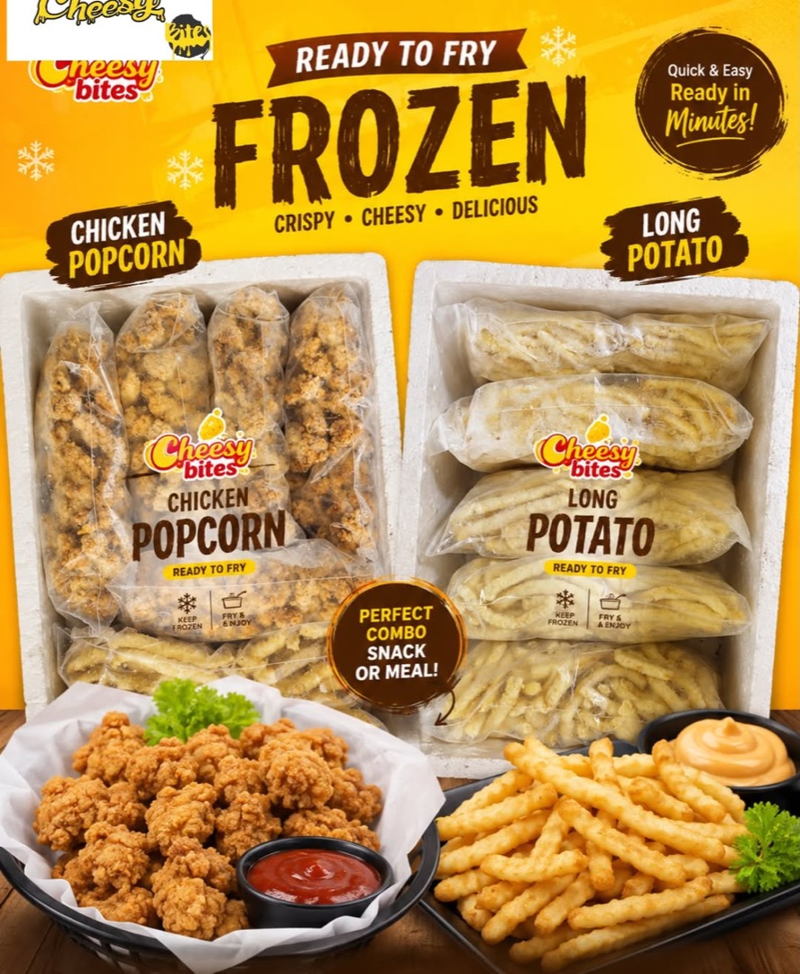 Cheesy Bites ready-to-fry frozen chicken popcorn and long potato packs